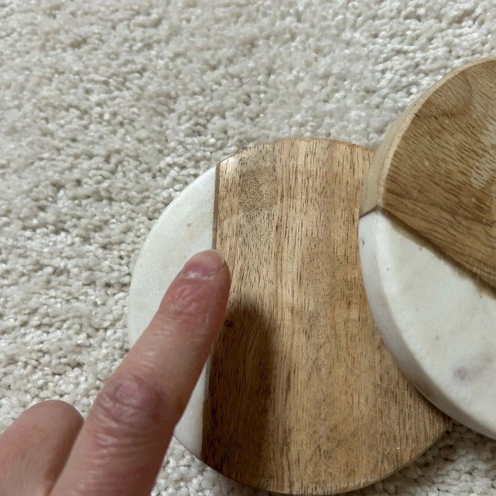 Creative Co-Op Wood and White Marble Half Moon Coasters - Set of 6